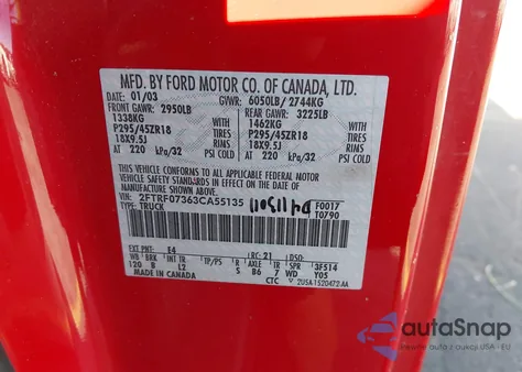 2003 Ford F-150 Lightning из США, поврежденный, VIN 2FTRF07363CA55135